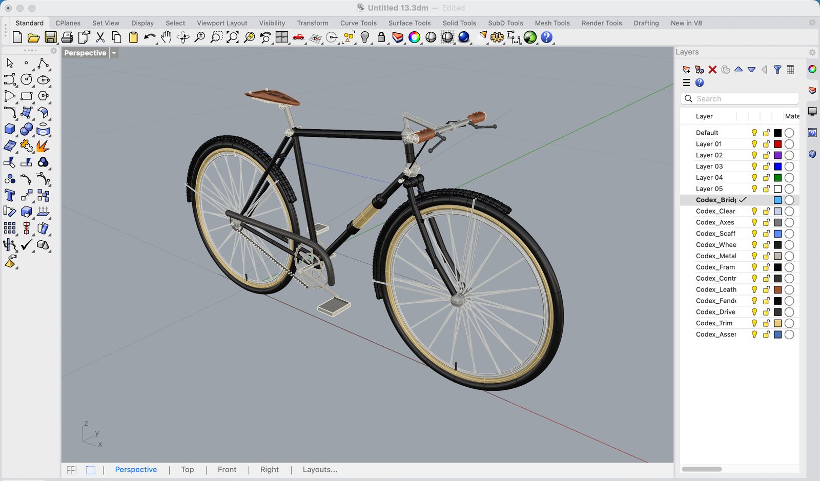 Rhino 中生成的自行车 3D 模型
